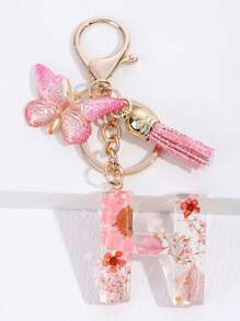 1pc New Dried Flower Crystal Epoxy Flower Letter Keychain, Fashion Bag Charm Tassel Butterfly Keyring Halloween Gift Souvenir Car Accessories School Cute Goth Y2k - Pink - View 10