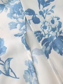 Floral Print Ruched Bodycon Slit Cami Dress, Elegant For Spring/Summer, Valentine's Day, Everyday Wear, Party - Blue and White - View 5