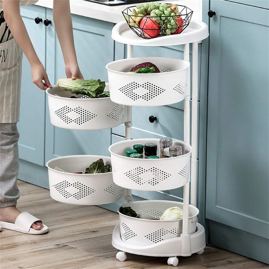 LOYALHEARTDY 5 Layer Kitchen Rotating Organizer Rack Fruit Vegetable Storage Basket W/ Wheels - 白色 - 查看 1