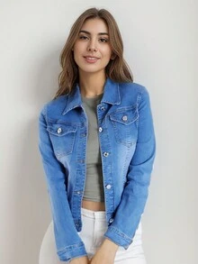 FINTI Chamarra de Mezclilla Azul Claro Tipo Cazadora para Mujer: Manga Larga y Flexible - Azul - Ver 5