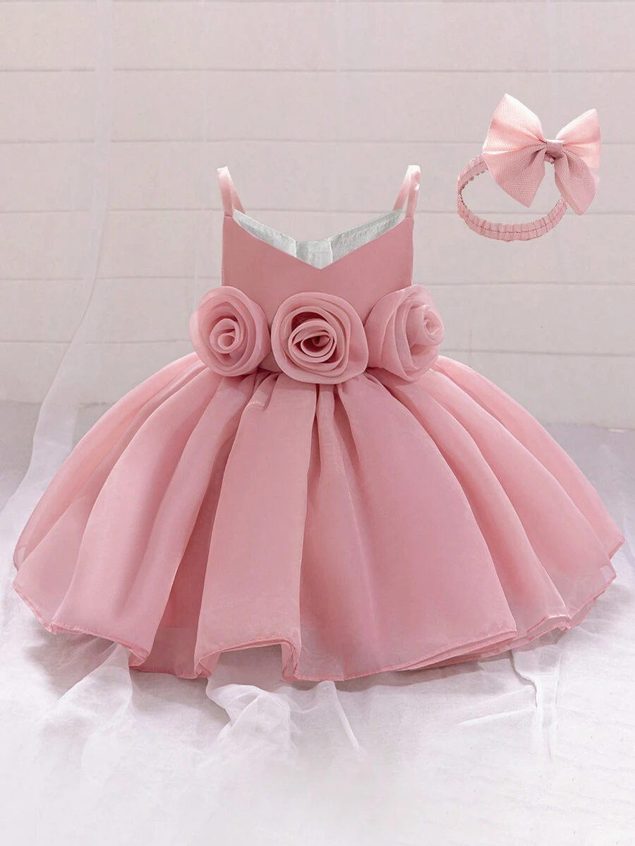 Baby Girl Elegant Dress With Solid Color 3D Floral Satin & Mesh Fabric, Outfit Suitable For Outing, Outdoor, Birthday Party, Comes With Headband - Dusty Pink - View 1