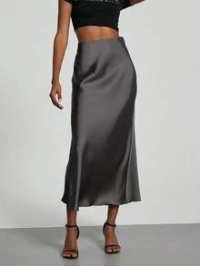 Se-Helo Fashion Women's Elastic Satin Finish Maxi Skirt - Dark Grey - Dark Grey - View 8