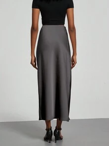 Se-Helo Fashion Women's Elastic Satin Finish Maxi Skirt - Dark Grey - Dark Grey - View 7
