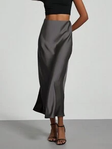 Se-Helo Fashion Women's Elastic Satin Finish Maxi Skirt - Dark Grey - Dark Grey - View 6