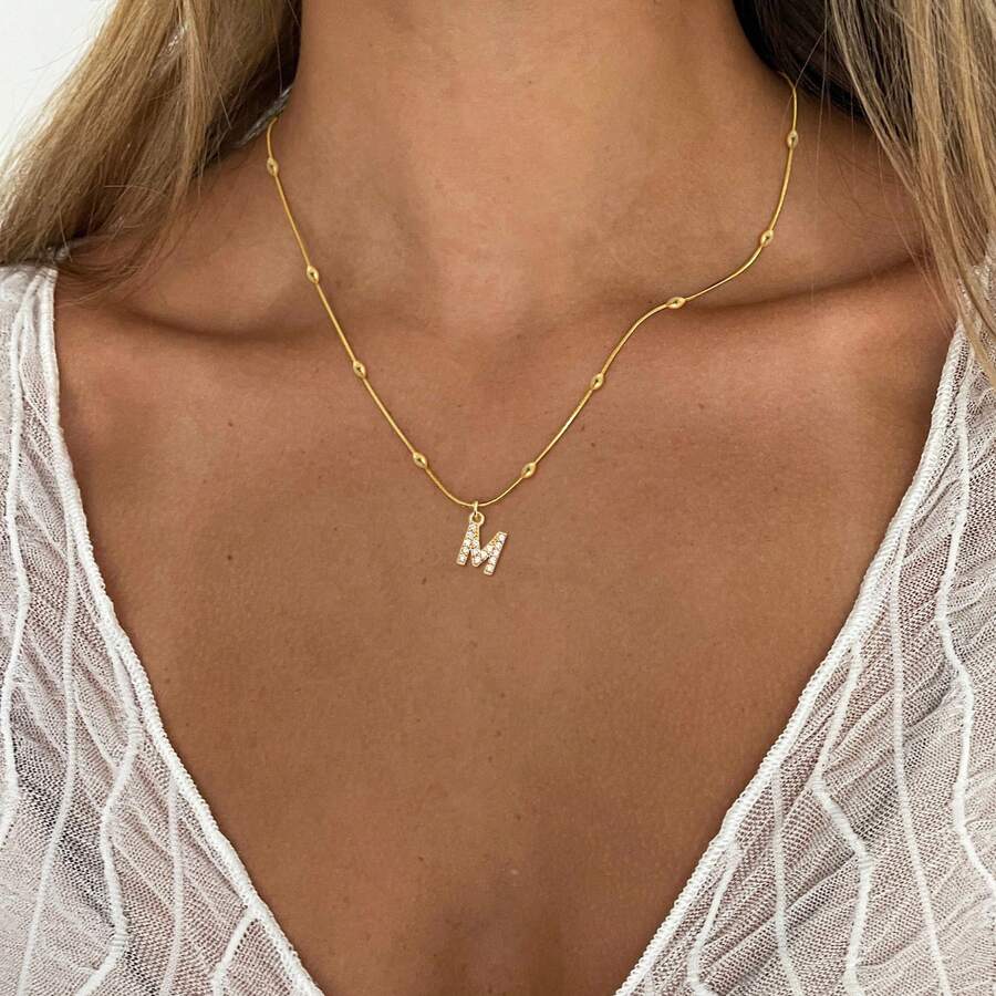 1 chiếc mặt dây chuyền chữ cái đầu bằng đá Zirconia thời trang đơn giản mới màu vàng bằng thép không gỉ dạng hạt xương cá cho phụ nữ - Vàng - Xem 1