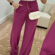 Women's High-Waisted Lace-Up Palazzo Pants With Pockets - 中紫紅色 - 查看 2