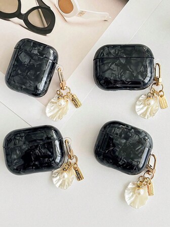 1 pieza Funda para auriculares con diseño de concha premium + cadena colgante de perlas falsas compatible con Apple 2/3/4/Pro/Pro 2/Pro 3, cubierta protectora a prueba de golpes