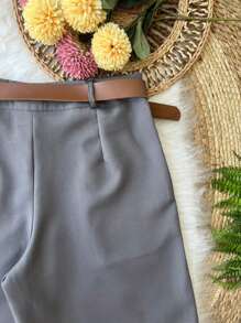 Tailored Bermuda Shorts For Women With Belt And Zipper And Bag - Dark Grey - View 4