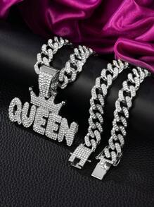 1 件女式全水钻字母皇冠“KING”“QUEEN”嘻哈吊坠项链首饰套装，个性化皇冠国王王后设计，镶嵌闪亮水晶，适合日常服装和派对配饰 - 字母 - 查看 16