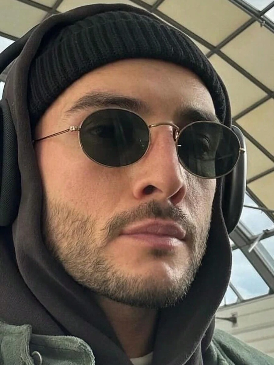 1 件装男士时尚小框圆形金色金属边框橄榄绿镜片时尚眼镜，适合日常佩戴 - 金色 - 查看 1