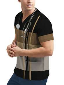 Digital Print Personalized Short Sleeve Scrubs Top For Men, Doctor/Nurse Isolation Uniform - Black and White - View 3