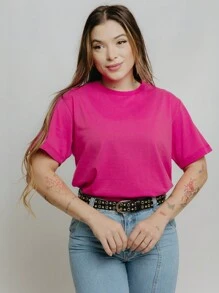 Kit 4 Basic Tshirt Women's Blouse Cotton Baby Look T-Shirt Comfortable Versatile Basic Plain Round Neck T-Shirt Kit - Màu Hồng Tươi - Xem 6