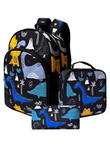 Mochila de astronauta para niños, mochila de 3 piezas con diseño de dinosaurio para la temporada de vuelta al colegio, mochila escolar de 16 pulgadas, lonchera, estuche de lápices - Multicolor - Ver 10