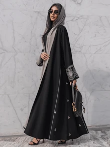 Fashionable Embroidered Patchwork Abaya Robe, Cardigan Style Loose Kimono Gown, Ins Style, Spring/Summer - Black - View 5