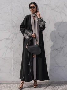 Fashionable Embroidered Patchwork Abaya Robe, Cardigan Style Loose Kimono Gown, Ins Style, Spring/Summer - Black - View 3