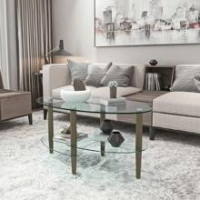 Transparent Oval Glass Coffee Table, Modern Table In Living Room Oak Wood Leg Tea Table 3-Layer  Glass Table Ckonson9