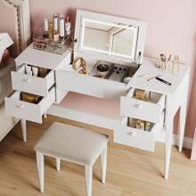 47" Makeup Vanity Desk With Flip Top Mirror And Lights - 3-In-1 Vanity Table Set With 5 Drawers, 3 Lighting Modes, And Chair For Bedroom - White - View 3
