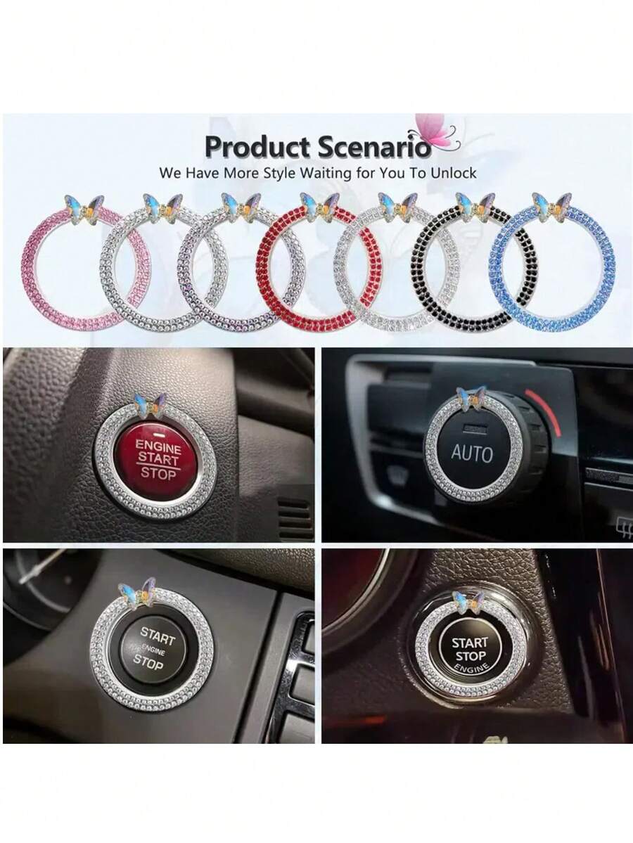 不锈钢人造水晶蝴蝶形环，汽车点火按钮装饰盖 - 一键启动装饰环，安装简便，金属材质，升级汽车内饰配件 - 均碼 - 查看 1