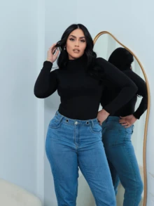 Women's Basic Second Skin Leotard Bodysuit High Neck Long Sleeve Fashion Blogger - màu đen - Xem 3