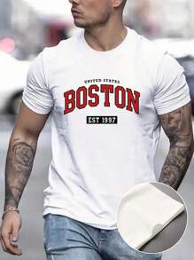 BOSTON Letter Print Men's T-Shirt Summer Outdoor Urban Style Round Neck Tops For Men - 白色 - 查看 1