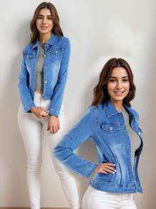 FINTI Chamarra de Mezclilla Azul Claro Tipo Cazadora para Mujer: Manga Larga y Flexible - Azul - Ver 2