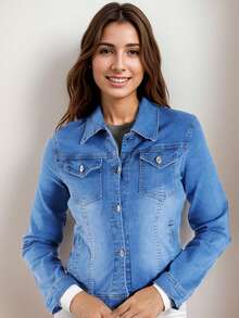 FINTI Chamarra de Mezclilla Azul Claro Tipo Cazadora para Mujer: Manga Larga y Flexible - Azul - Ver 3