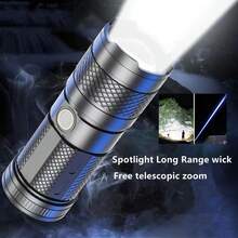 KENSUN 1 件装大功率聚光灯远射程 LED 手电筒带尾部 COB 泛光灯多种照明模式 Type-C 内置电池伸缩变焦 LED 战术手电筒 - 黑色 - 查看 1