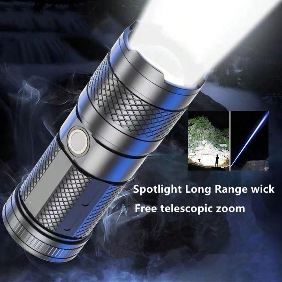 KENSUN 1 件装大功率聚光灯远射程 LED 手电筒带尾部 COB 泛光灯多种照明模式 Type-C 内置电池伸缩变焦 LED 战术手电筒 - 黑色 - 查看 1