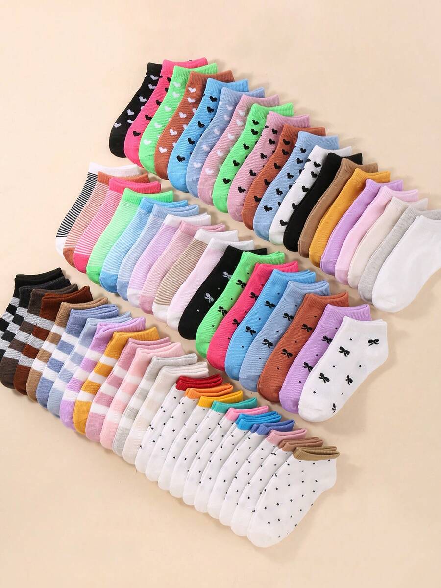 10 Pairs Random Color Striped Heart Pattern Kids Sports Ankle Socks, Soft Lightweight Low-Cut Socks, Solid Color Casual Socks, Boat Socks For Spring/Summer - Multicolor - View 1