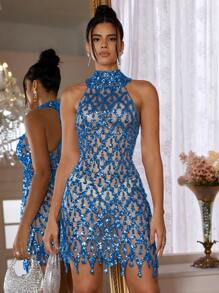 亮片网眼紧身吊带晚礼服 - 藍色 - 查看 1