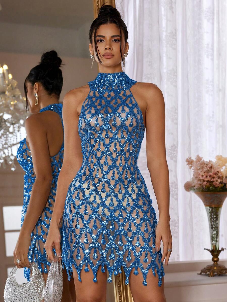 亮片网眼紧身吊带晚礼服 - 藍色 - 查看 1