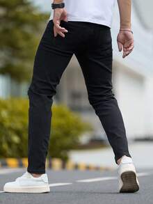 Fashionable Men Casual Distressed Red Patch Denim Jeans - Black - View 2