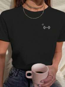 Women's Baby Look Printed T-Shirt Weight Bodybuilding Heart Various Colors 100% Cotton - 黑色 - 查看 1