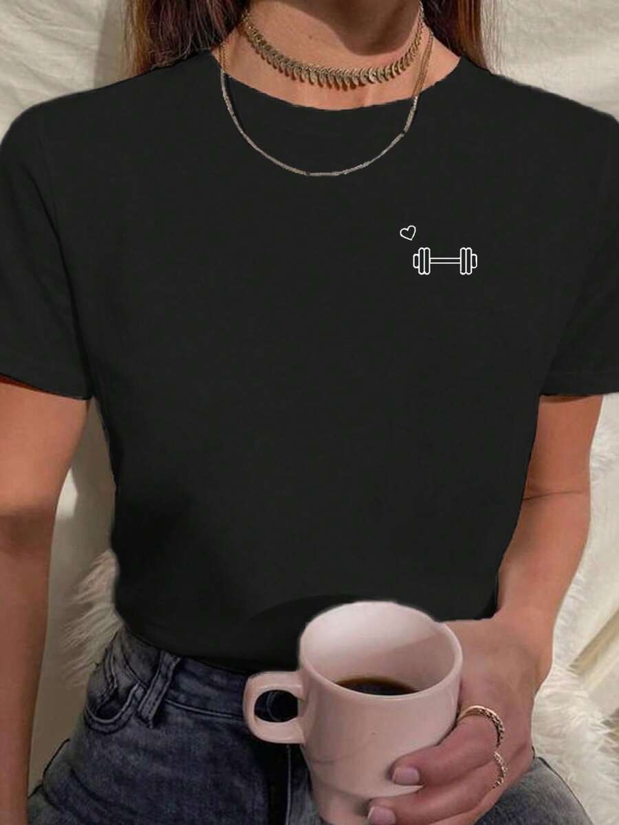 Women's Baby Look Printed T-Shirt Weight Bodybuilding Heart Various Colors 100% Cotton - 黑色 - 查看 1