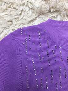 Short Sleeve Cropped Top With Rhinestones In Imported Modal, Shiny Stones. One Size. - Lilac Purple - View 3