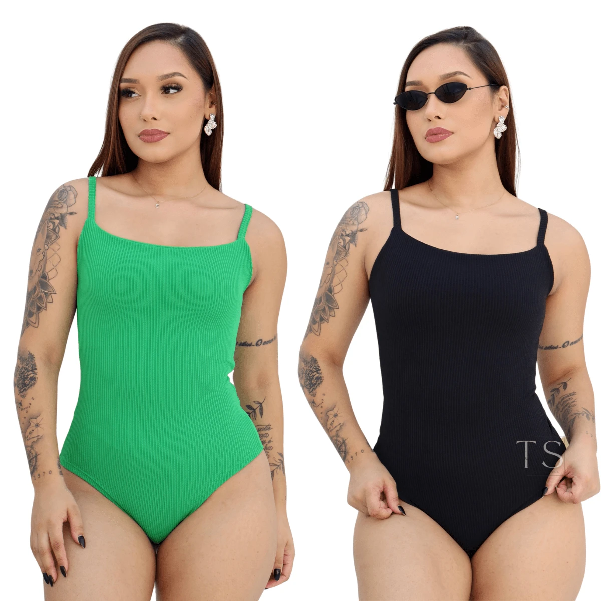 KIT 2 Women's Bodysuit With Thin Straps Premium Ribbed Terrycloth Straps - BLACK aND GREEN FLAG - View 1