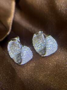 Women's Hoop Drop Earrings Studded Inside And Outside With Zirconia Stone, 18k Gold Plated And 925 Silver - Silver - View 5