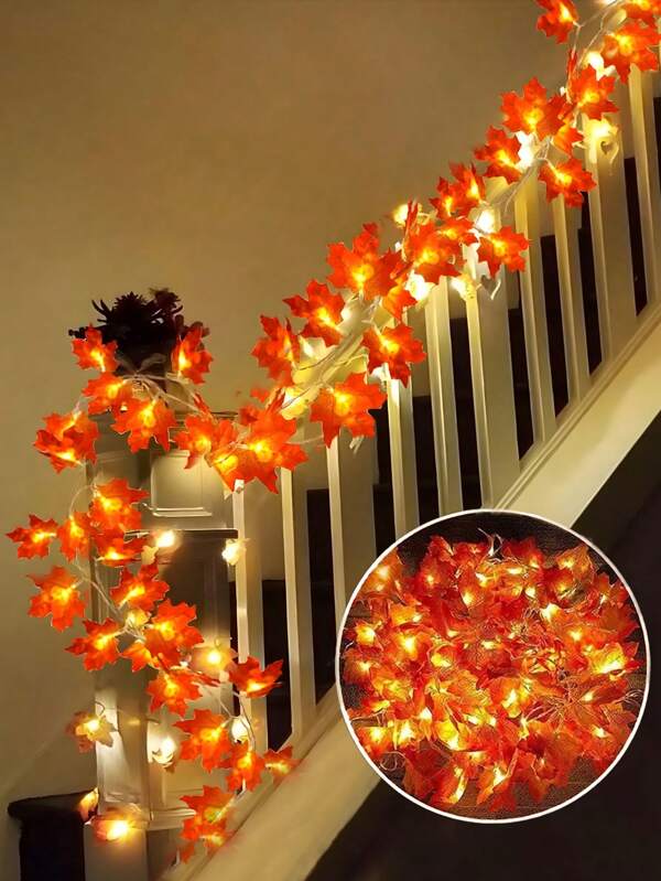 1pc-10ft Halloween Decoration Maple Leaf String Lights, Halloween Decor Fall Artificial Maple Leaf Decoration, Family Halloween Decor Thanksgiving Decorations, Suitable For Room,Door,Window,Stairs Yard Decoration,Wedding Decoration, Halloween Christmas Holiday Party Decoration(Without Battery)