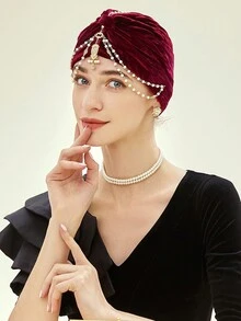 1 pieza Sombrero turbante con pedrería de pavo real, estilo vintage de los años 20 Gatsby, gorro turbante plisado de punto para mujer, gorro para dormir - Multicolor - Ver 6