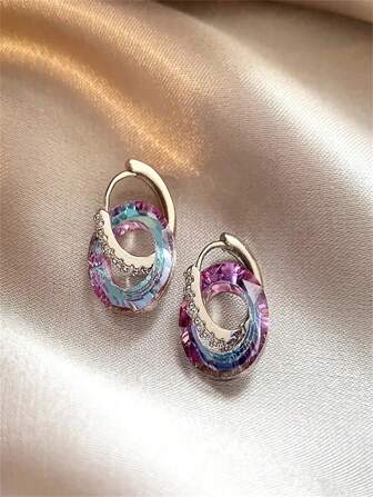 1 Pair Fashionable Women Metal & Crystal Acrylic Dangle/Hoop Earrings, Suitable For Daily Wear