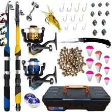 Kit Pesca completo com 2 Varas + 2 Molinetes Ultra Light + Acessórios como maleta, anzol, isca camarão, ração, sino, canivete, boias, chumbada e linha