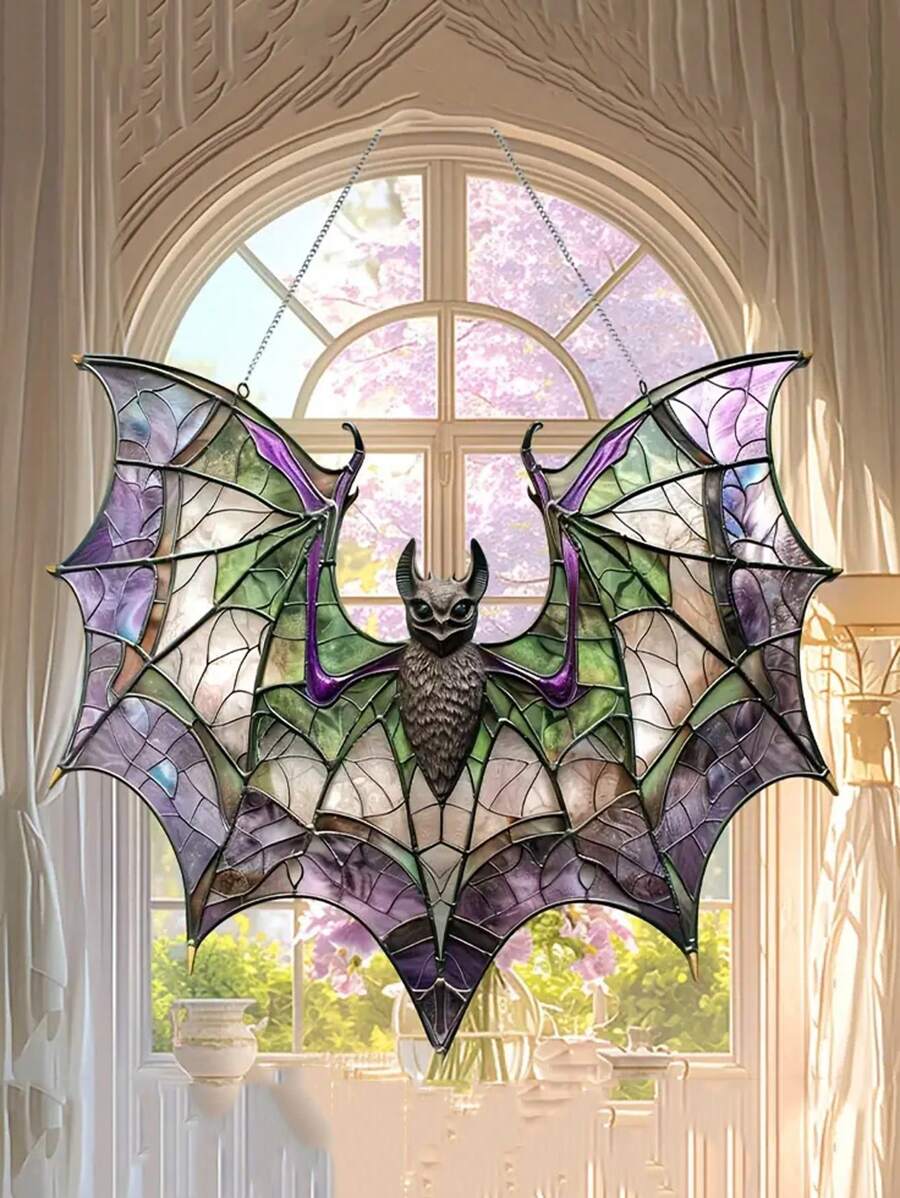 Contemporary Acrylic Bat Suncatcher,2D Process 8x7.3in - StainGlass Style Hanging Ornament For Window, Versatile Halloween Decor, Home Wall Art, Housewarming Gift, Wreath Centerpiece Accessory - Waterproof, Solvent Resistant, Featherless