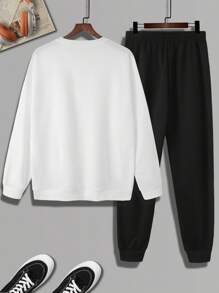2pcs Fall Men's Sweatshirt And Sweatpants Set, White Long Sleeve Crewneck Casual Top, Knitted Elastic Waist Drawstring Black Joggers, Letter Graphic Printed, Cozy Outfits