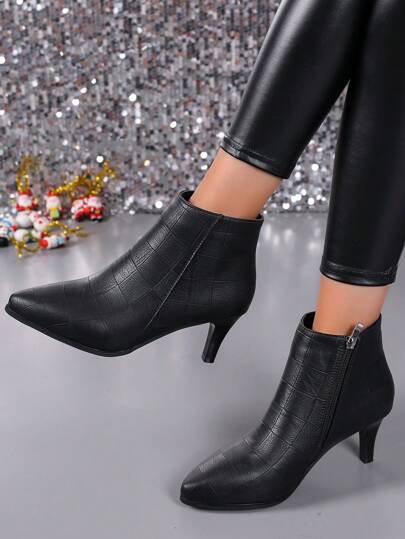 女士优雅简约细跟短靴，尖头侧拉链设计，轻便透气，适合春秋季穿着，猫跟