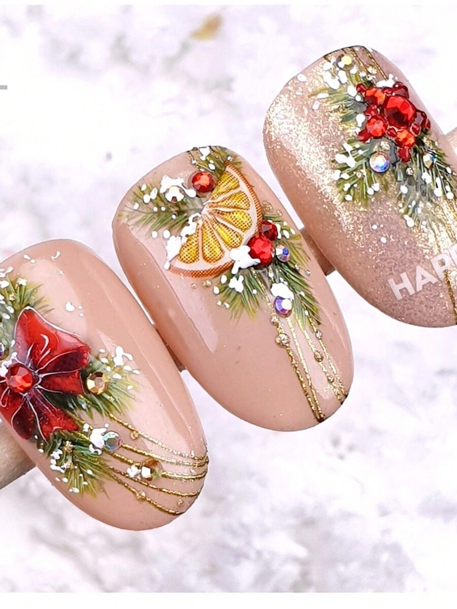 5D Christmas Embossed Nail Stickers 2pcs Gold Red Orange Holly Berry