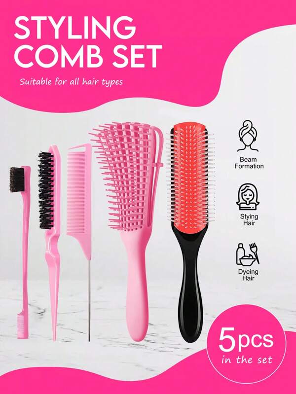 5pcs Detangling Brush Set 9-Row Cushion Nylon Styling Brushes, Rattail Comb Cutting Comb Set For African Hair Textured Kinky Wavy/ Curly/ Coily/ Wet/ Dry/ Oil/ Thick/ Long Hair Detangling Brush For Curly Hair Brush For Afro America 3a To 4c Kinky Wavy, Curly, Coily Hair, Detangle Easily With Wet/Dry , Hair Clips,Hair Accessories,Women Valentine Gift Birthday Boyfriend Girlfriend