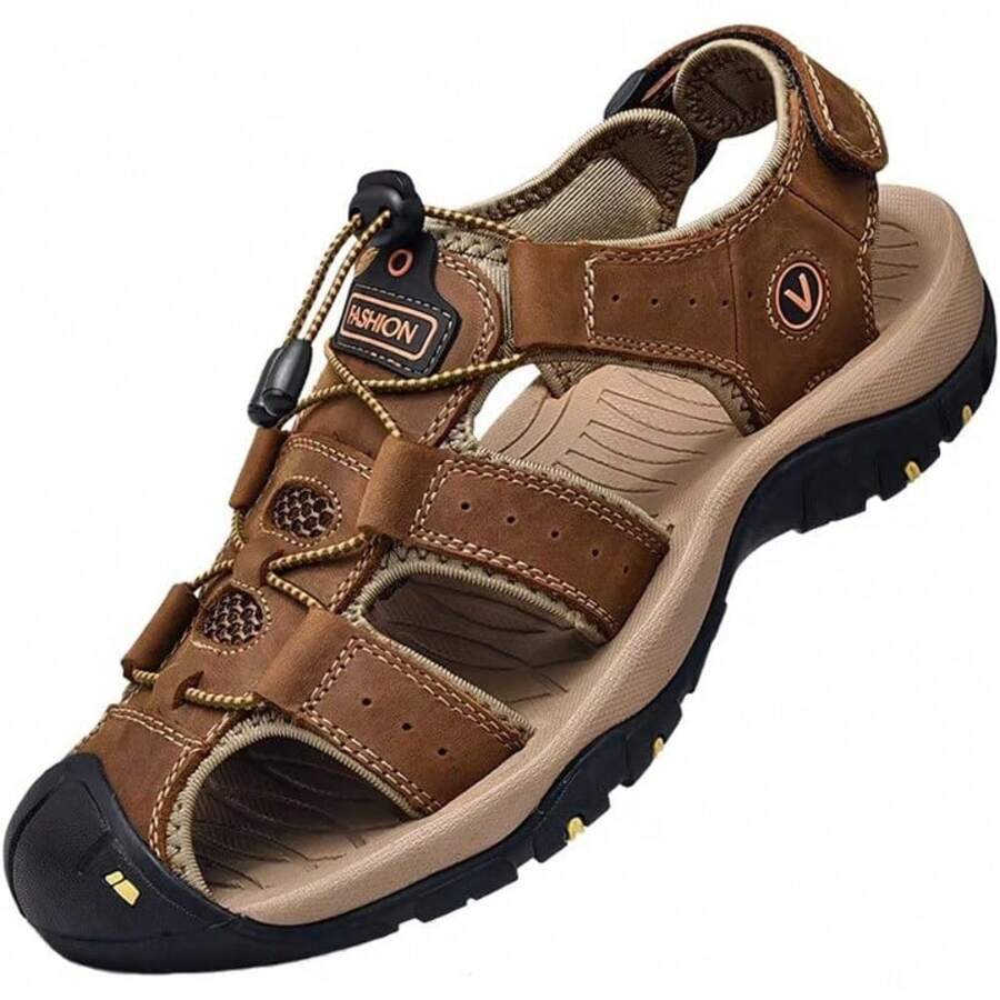 Sports Outdoor Sandals Summer Men's Beach Shoes Closed-Toe Shoes Leather Casual Trekking Walking Hiking Touch Close Strap Sandals For Men - Brown - View 1