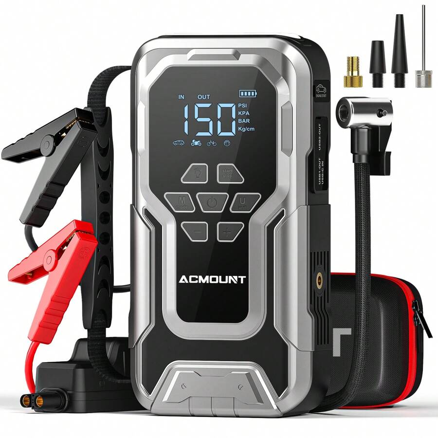 Car Jump Starter With Air Compressor, 3500A 12V Lithium Battery Jump Box With 150PSI Tire Inflator For Up To 10.0L Gas & 8.0L Engines, Portable Power Bank With 3 Modes LED Light Jumper Pack - Svart - Visa 1