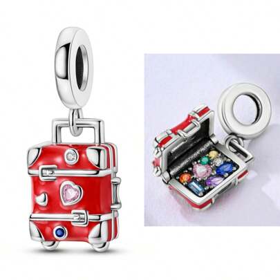 1pc Silver Classic Red Enamel Cubic Zirconia Globe Travel Heart-Shaped Openable Pendant Charm, Suitable For Snake Chain Bracelet Necklace Beading, DIY Jewelry Making, Women Girls Holiday Jewelry Gift, Valentine's Day Gift