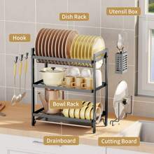 2 niveaux Égouttoir à vaisselle avec plateau d'égouttage, Organisateur de rangement pour ustensiles de cuisine, couteaux et planches à découper, convient pour la cuisine d'appartement - Blanc - Voir 4